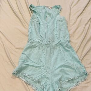 Light Aqua Lace-Trim One-Piece Romper